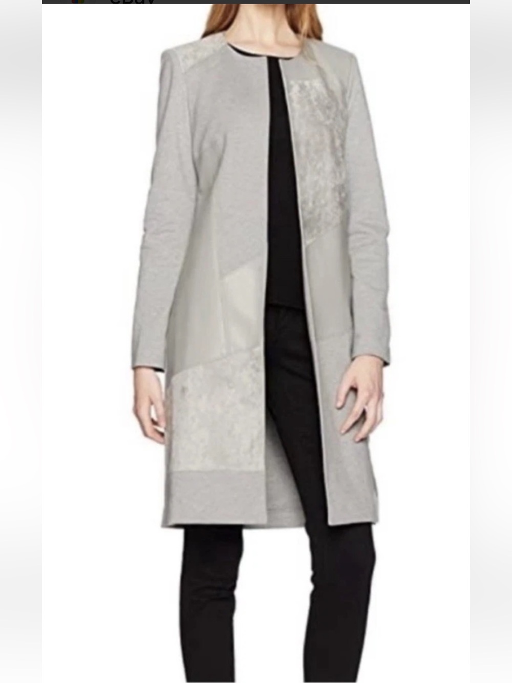 Calvin Klein Long Faux Leather Suede Jacket Coat Size 4 Gray open front
